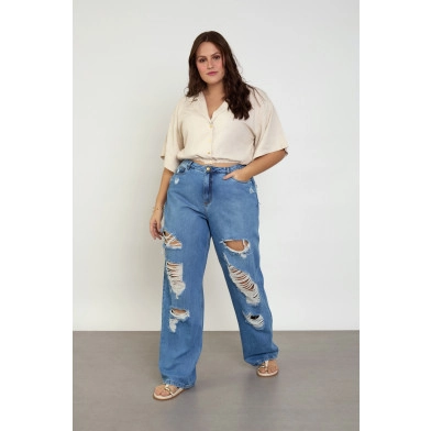 CALÇA STRAIGHT JEANS DESTROYED FEMININO PLUS SIZE